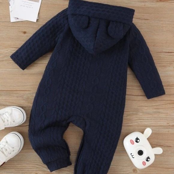 Baby onesie sweat suit hooded bear ears, navy blue - Picture 2 of 5